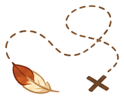 a dotted search trail looping to an x, with a single fallen sparrow feather beside it